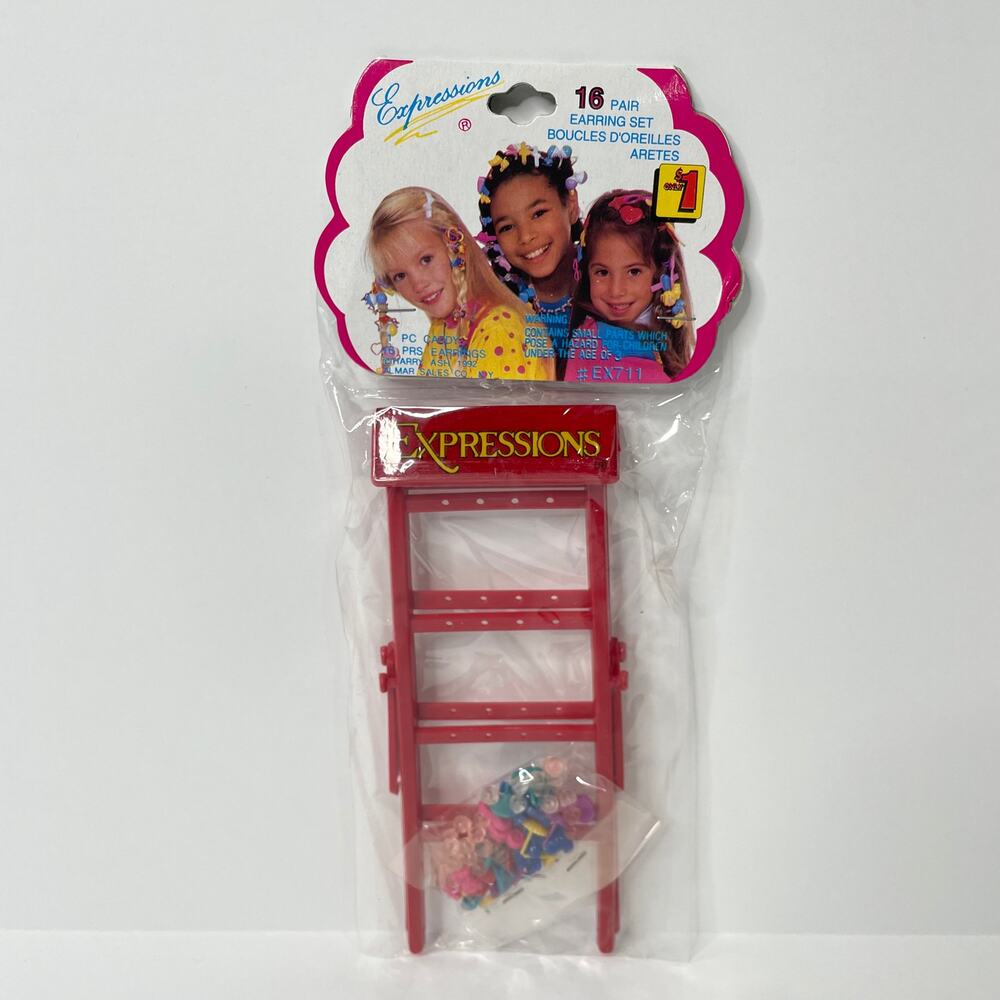 Vintage 90s Y2K Expressions Plastic Earrings 16 Pairs with Ladder Caddy New Red